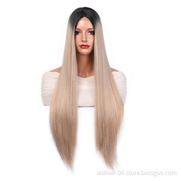 Aisi Hair Wholesale Long Silky Straight Ombre Blonde Dark Root Swiss Lace Wig Synthetic Hair Lace Front Wigs For Black Women